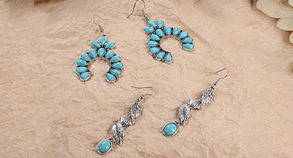 FUNRUN Boho Turquoise Jewelry Set - 14Pcs Dangle Earrings, Knuckle Rings, Wrap Bracelet, Layered Necklace & Sunflower Ring for Women