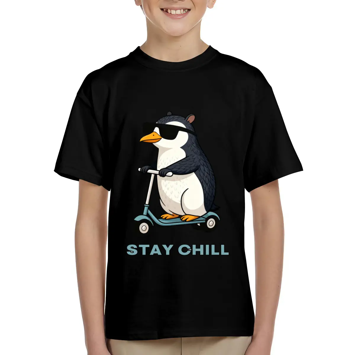 Cool Penguin Riding Scooter Stay Chill Print Kids Short Sleeve T-Shirts Cotton Soft Breathable Crewneck Tees for Boys Girls, Loose Fit Comfortable Basic Tops for 6-15 Years Summer School Casual Wear
