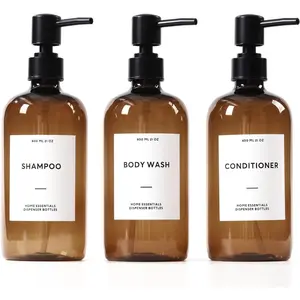 21oz Brown 3-Pack Refillable Shampoo and Conditioner Dispenser Bottles with Pump and Labels for Bathroom Shower