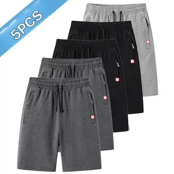 Men’s athletic jogger shorts 5 pack: drawstring elastic waistband, zippered pockets that won’t lose contents, casual, breathable, loose straight leg shorts—ideal for home workouts, outdoor hiking, and versatile for everyday wear.