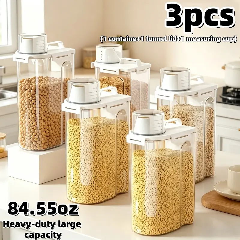 3-Piece Set of Heavy-Duty, Large-Capacity (84.55 oz) Food & Grain Storage Containers — Clear Flip-Top, Snap-Lock Design with Measuring Cup (Includes 1 Container + 1 Funnel Lid + 1 Measuring Cup) — Ideal for Storing Grains, Flour, and Mung Beans