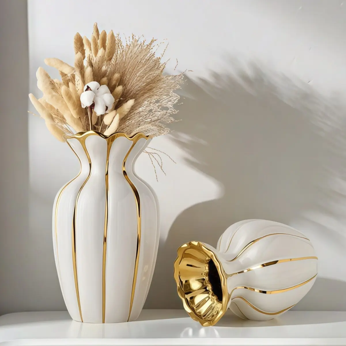 Luxury Gold-Trimmed Ceramic Vase Set, Decorative Vase, Nordic Style Living Room Decor, TV Cabinet Table Centerpiece, Modern Minimalist Home Accessories