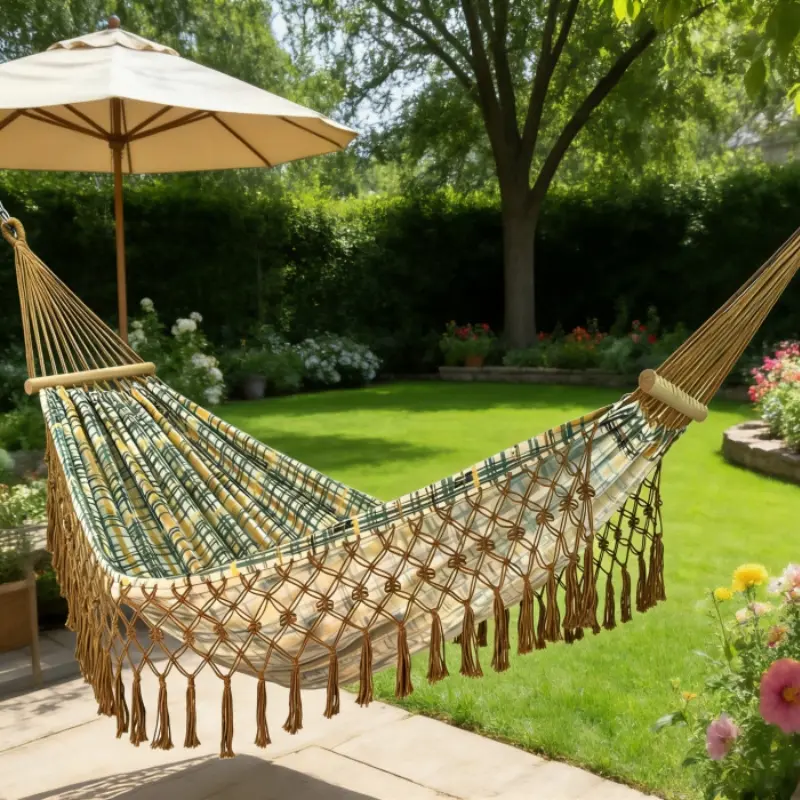 Boho Macrame Fringe Hammock with Watercolor Prin, Cotton Canvas Double Hammock for Adults, Indoor/Outdoor Use - Perfect for Camping, Patio, Balcony, Yard, Garden & Home