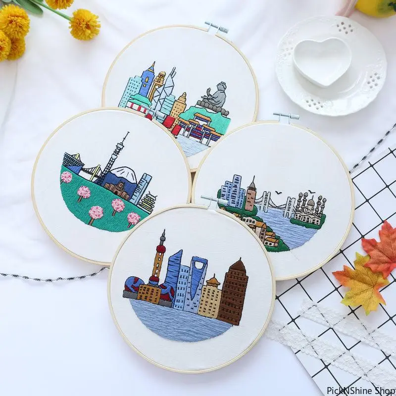 Adult DIY European-Style Skyscraper City Skyline Cross Stitch Kit - Synthetic Material Handcraft Set for Home Decor Wall Hanging Art, Room Decor, Whimsical Home Decor