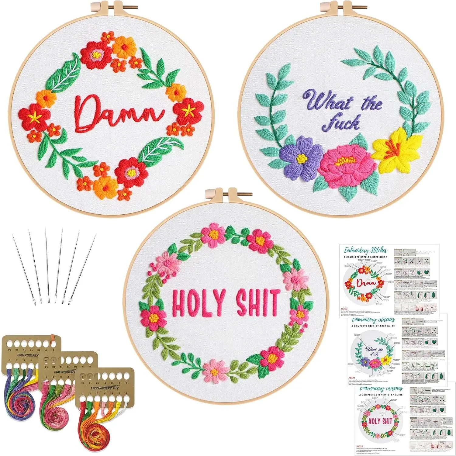 3 Sets Funny Embroidery Kits for Beginners,  Kit for Adults,DIY Needlepoint for Starters Including Wreath Flower , Hoop,Instruction and Threads