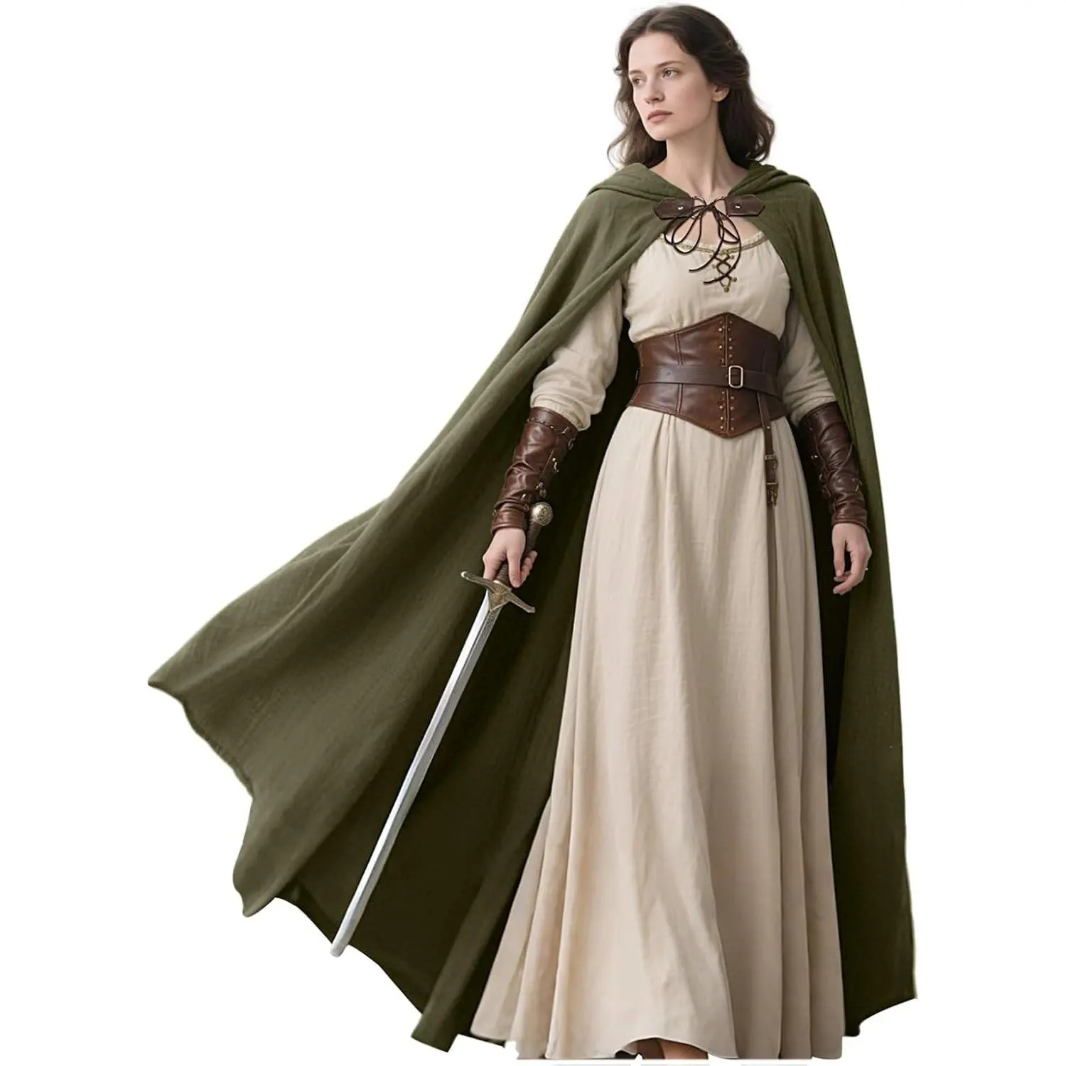 Medieval Linen Hooded Cloak Renaissance Cape for Witch, Elf, Wizard, Sorcerer, Ranger, Halfling, Assassin Cosplay, Halloween LARP Fantasy, Ren Faire Costume(Gift)