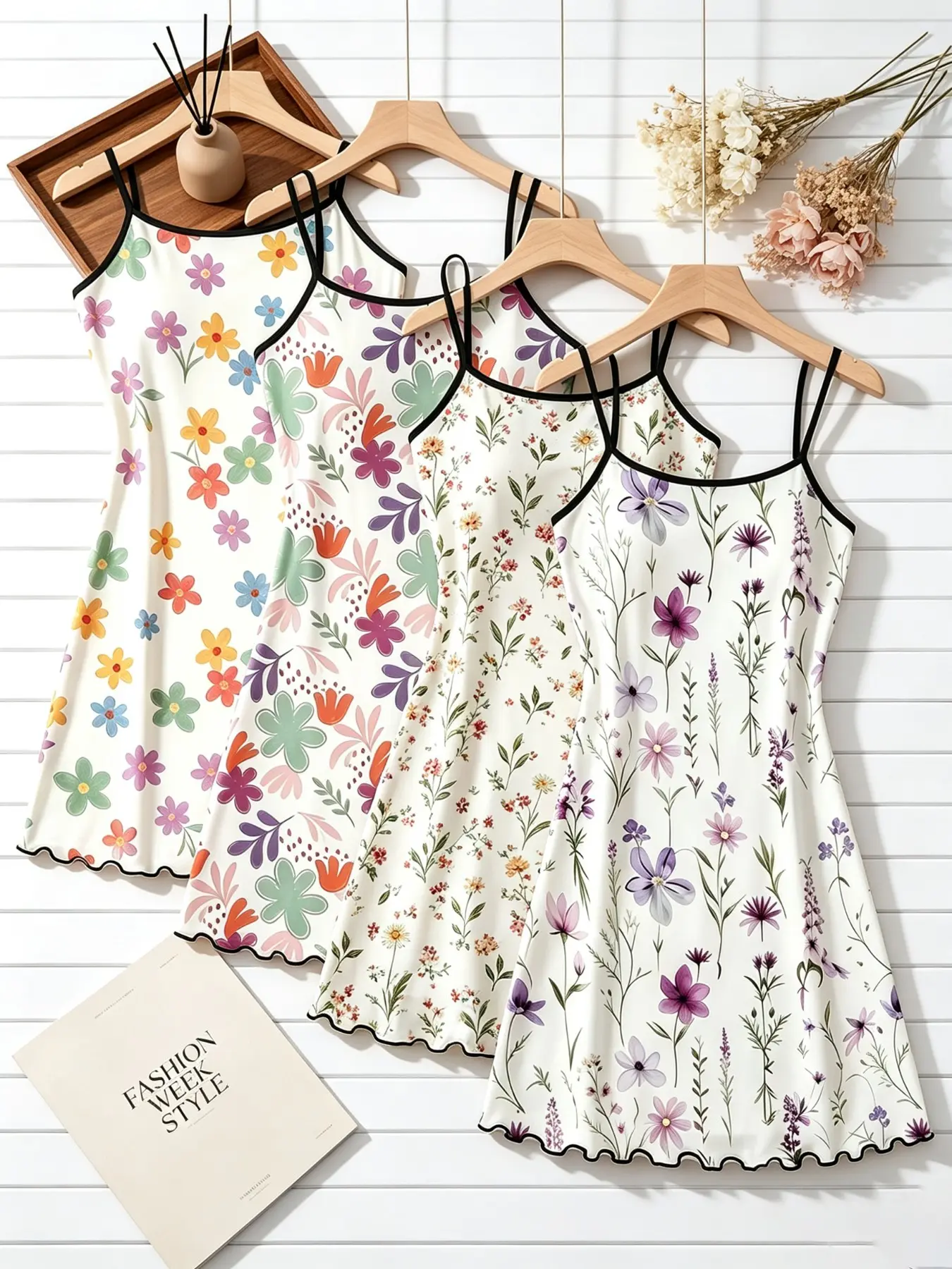 4 Pack Viral 2026 Trending Best Seller Women's Sleepwear & Loungewear Colorful Ditsy Floral Wildflower Print Summer Spaghetti Strap Ruffle Hem Ultra Buttery Soft Slip Dress Lightweight Comfy Breathable Casual Nightgown for Daily Wear