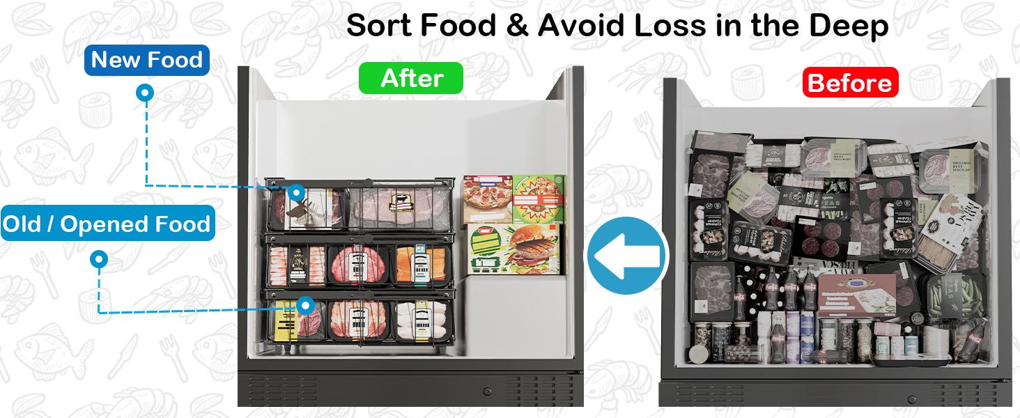 Freezer Organizer Bins, 2 Pack Expandable Stackable Chest Deep Freezer Organizer Bins, Foldable Freezer Baskets with Handles, Freezer Bins for 5 - 20 Cu.Ft Deep Freezer, Black