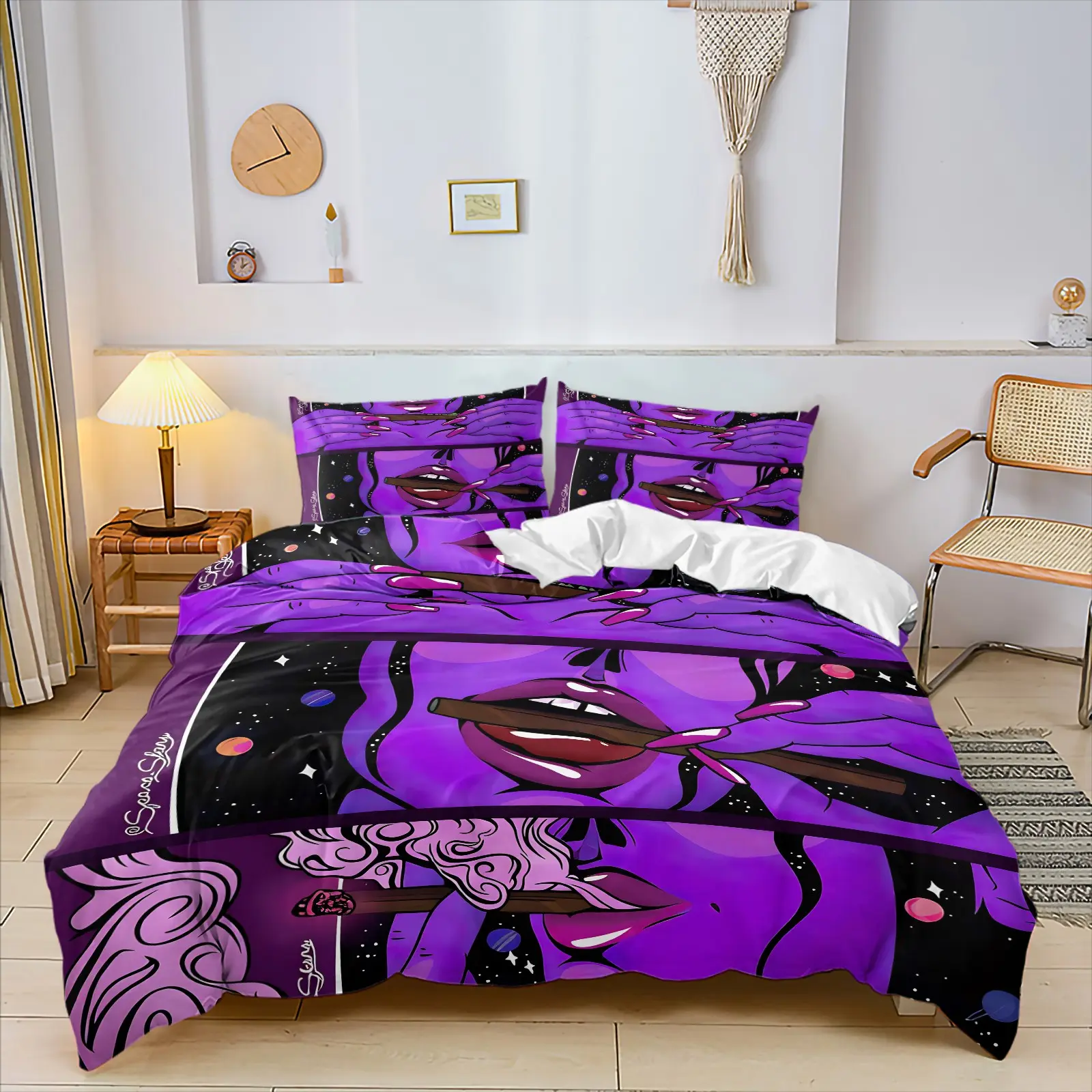 Purple Pop Art Lady Duvet Cover Set, Include 1 Comforter Cover and 1/2 Pillowcases, Cosmic Starry Galaxy Comic Woman Face Print Quilt Cover, Trendy Graffiti Style Soft Bedroom Decor Bedding, All Seasons Use, Comfortable and Breathable