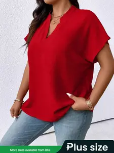 Plus Size Women's Solid Color V-Neck Batwing Sleeve Short Sleeve Casual Loose Fit Top, Comfortable and Stylish Everyday Wear
