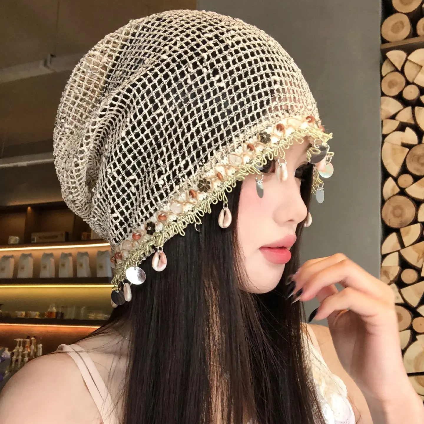Effortless Open Mesh Crochet Knit Beanie Dangle Shell Sequin Trim Slouchy Bonnet Breathable Bad Hair Day Cover Lightweight Festival Beach Vacation Headwear