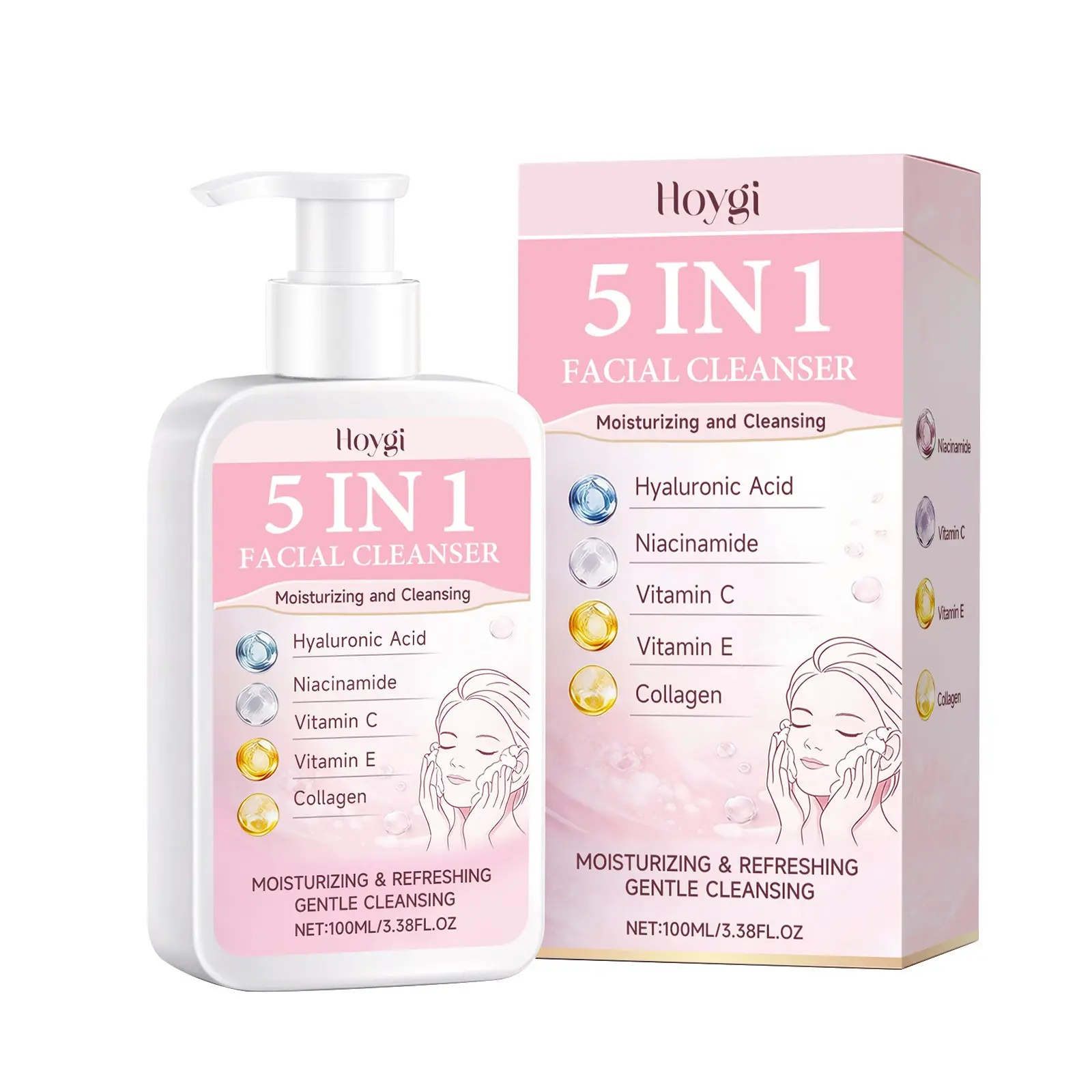 5 in 1 Hydrating Facial Cleanser, Gentle Daily Face Wash with Tocopherol & Hydrolyzed Collagen, Rich Foam, Non-Drying, Silky Soft Feel