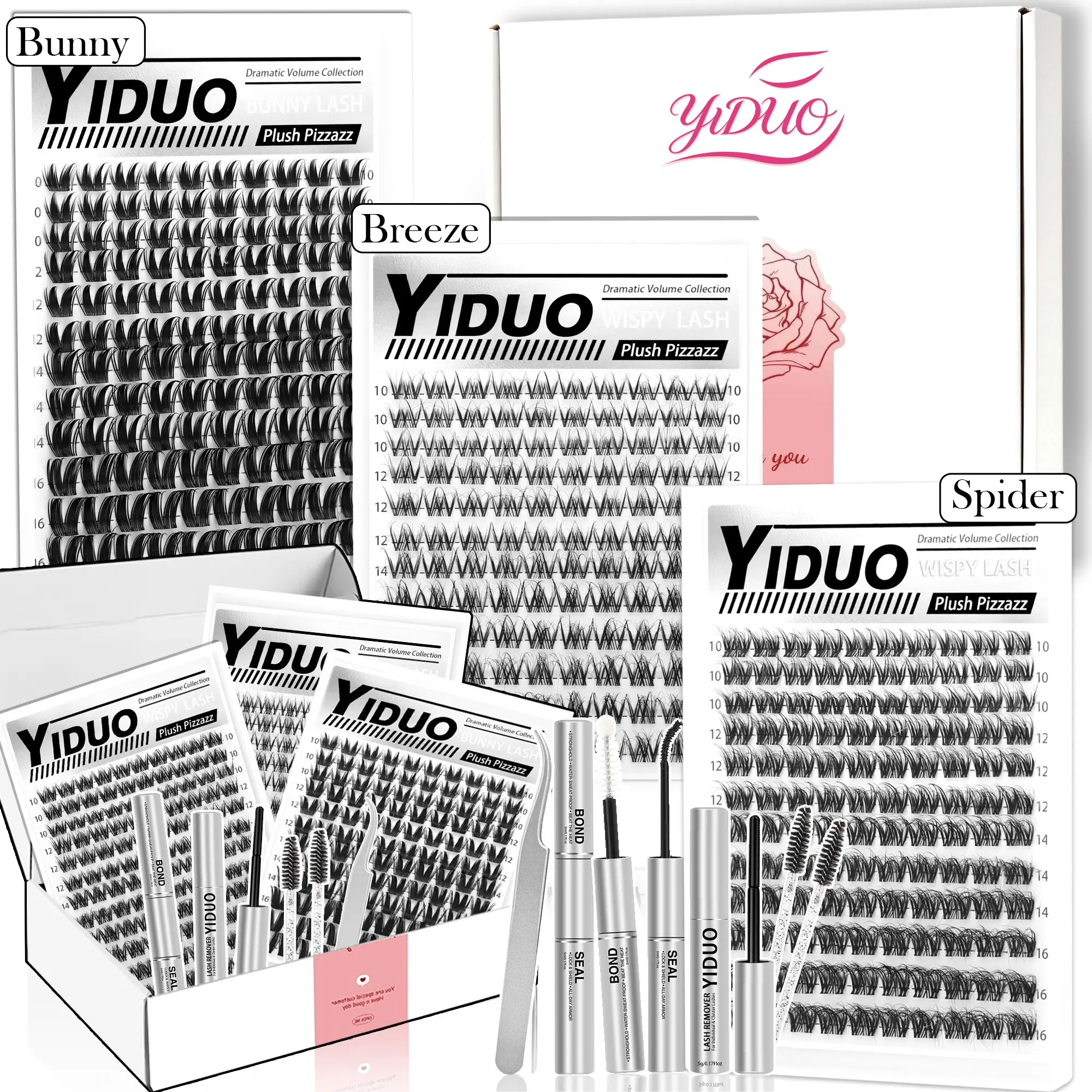 YIDUO Bunny & Spider Lash Clusters Kit with Lash Bond and Seal&Remover Kit CD Curl 0.05mm Soft Wispy Eyelash Extensions Kit, Untra-Thin 0.03mm Clear Band Poke-Free Comfort, Featherlight Fibers 10-16mm