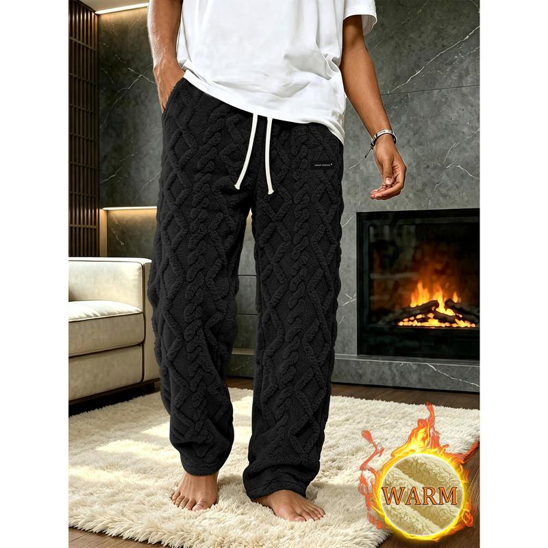 Men's Knitted Wool Work Pants, Jogging Pants, Elastic Waist with Off White Drawstring, 3D Twisted Knitted Jacquard Texture, Thick Warm Lining, Loose Cuff Pants for Winter Home and Casual Daily Wear