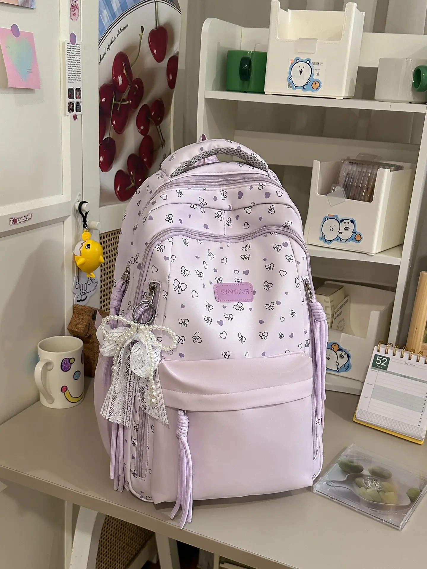 2026 New Cute Bow Heart Student Backpack, Fringe Decoration Waterproof Fabric, Girls Commute Travel Backpack, All Seasons Casual Style