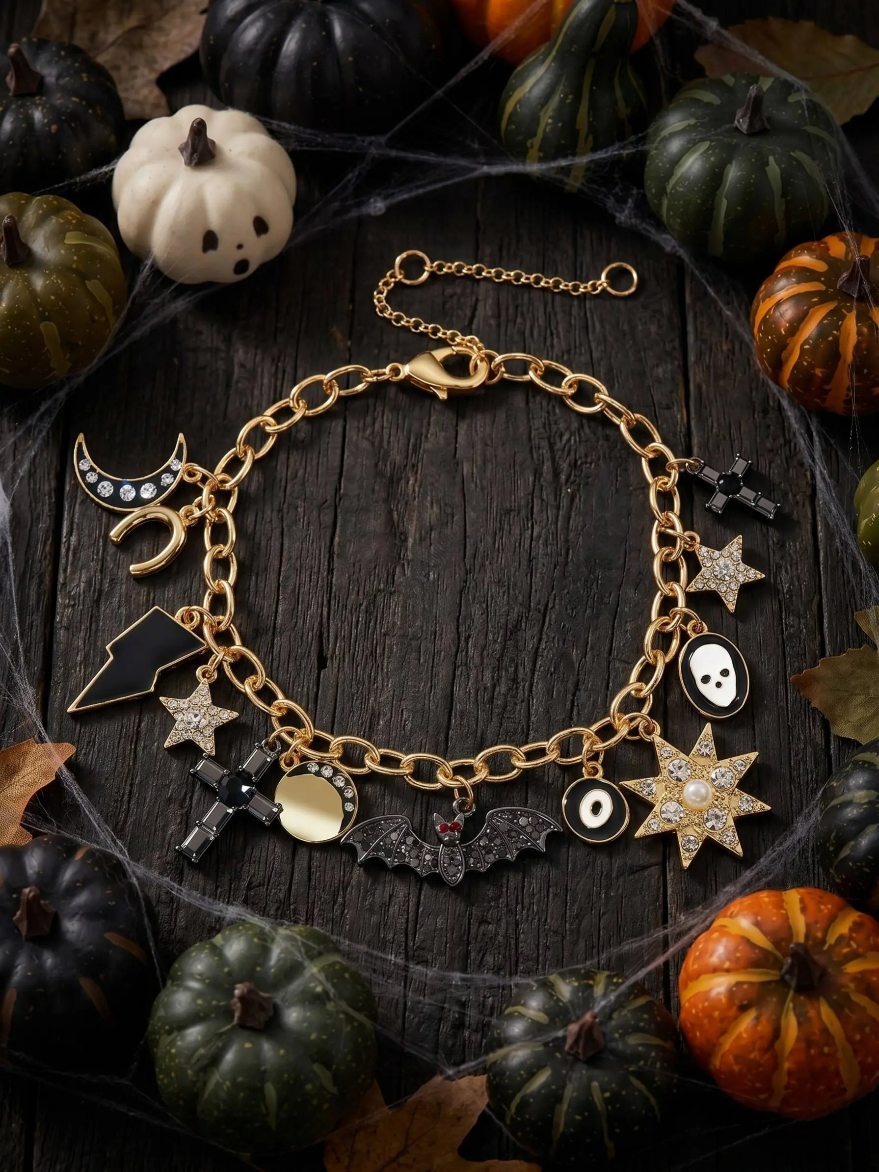 Halloween Gothic Charm Bracelet Gold Paperclip Chain, Moon Bat Ghost Lightning Cross Evil Eye Star Multi Pendants Adjustable Spooky Holiday Jewelry Gift for Women