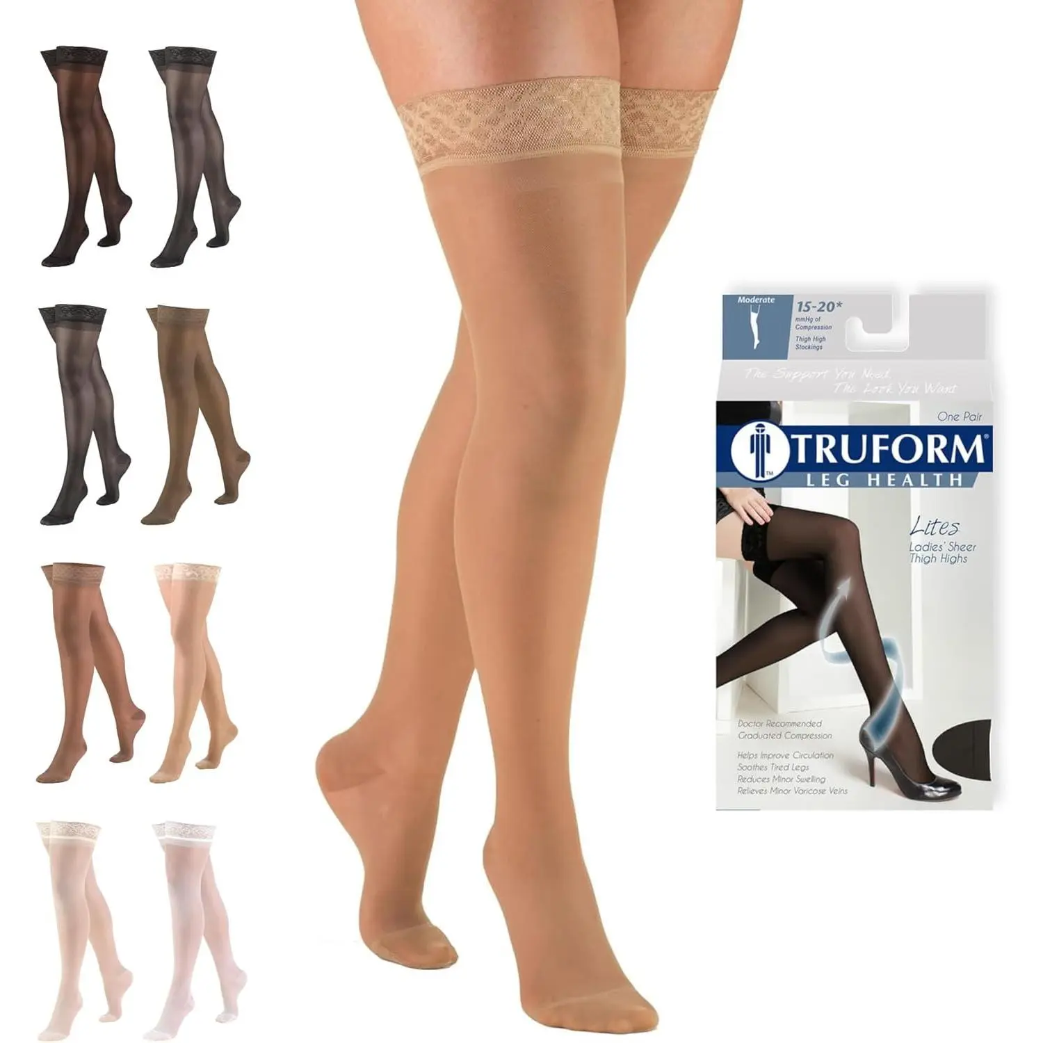 Women's Sheer 20 Denier Nylon Thigh High Stockings with 15-20 mmHg Moderate Compression, Comfortable Stay-Up Top for Casual & Business Wear