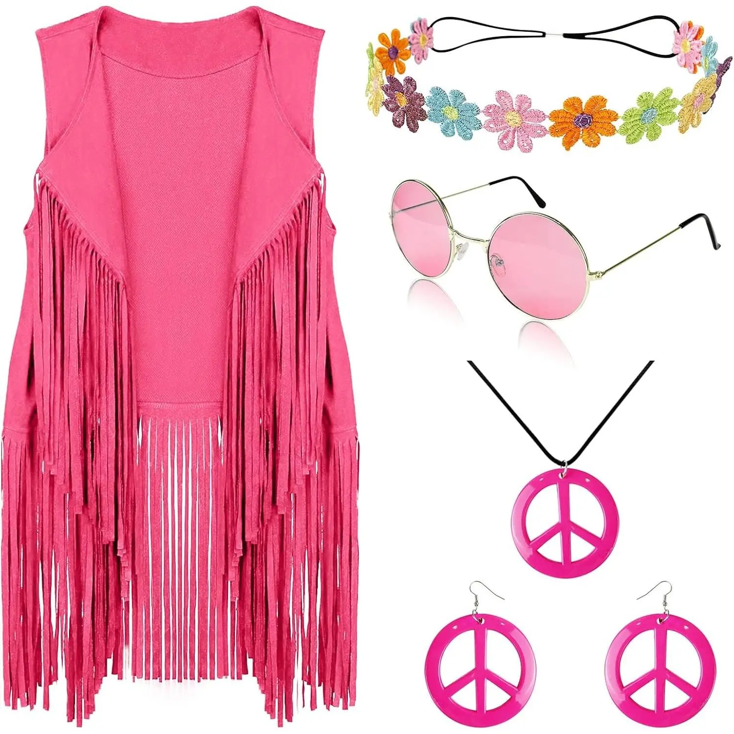 Women's 60s 70s Disco Hippie Costume Outfit with Peace Sign Earrings, Headband, Fringe Vest, Tassel CardiganGift
