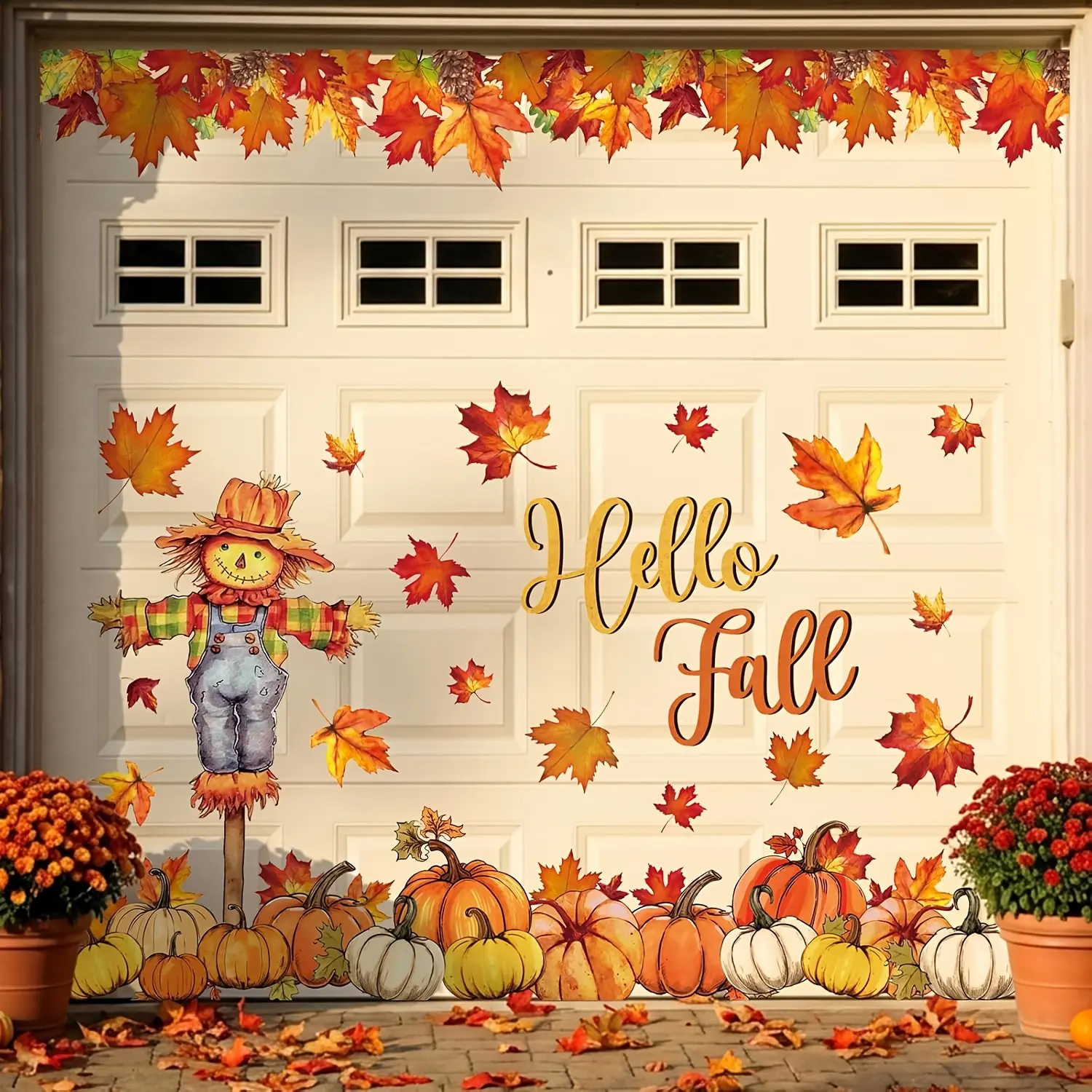 Autumn Watercolor Scarecrow Garage Magnet Decorations. Autumn Garage Door Element Design Featuring Watercolor Scarecrow, Pumpkin Leaves with Text Suitable for Refrigerators, Cars, Metal Doors, Mailboxes And Thanksgiving Party Decorations