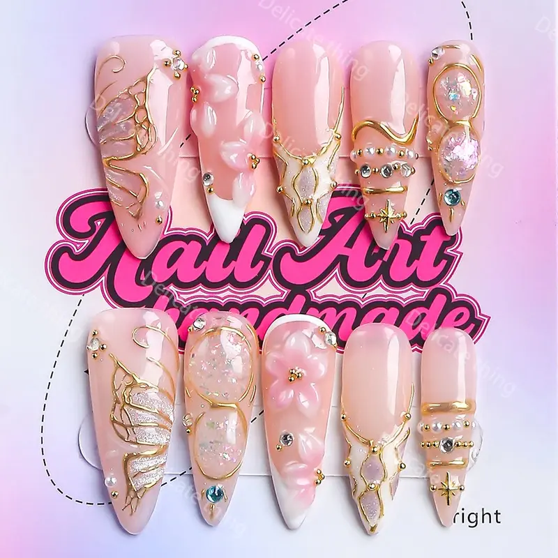 Y2K Style Long Point Artificial Nails, Nail Art Products, Nail Set, Handmade, 4 Sizes XS S M L, Perfect for Parties, Dates, Gifts, Includes Jelly Glue, Crystal Stick, File