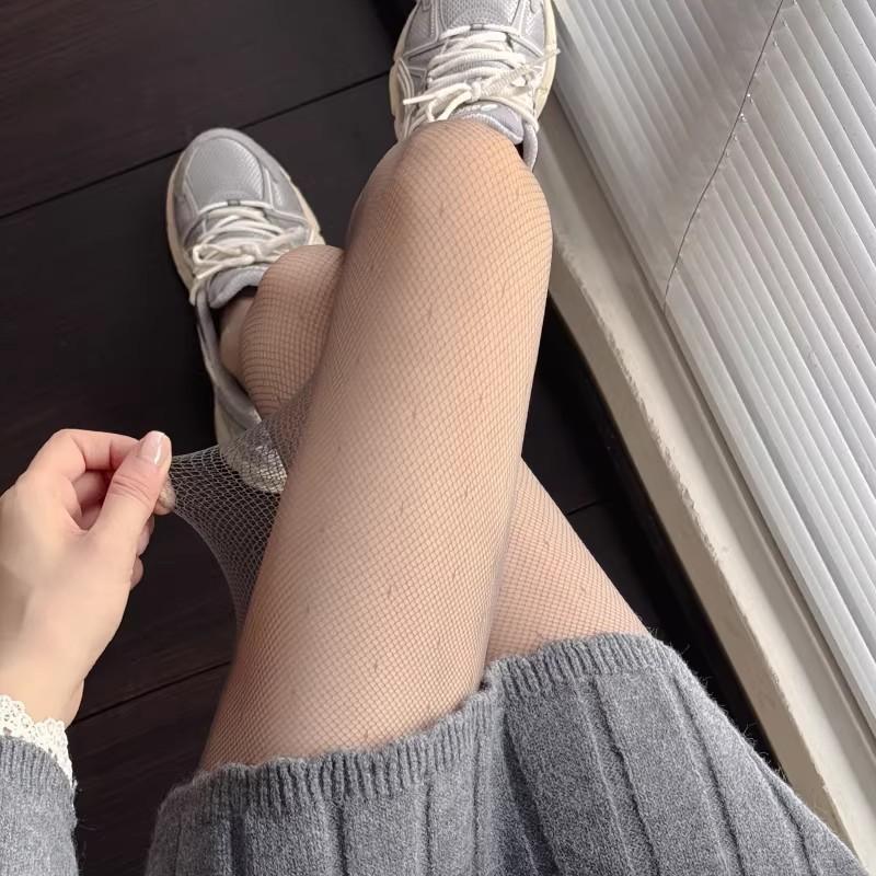 Women's black fishnet pantyhose, spring/summer high-transparency sexy mesh stockings, slimming diamond pattern gray stockings, anti-snag