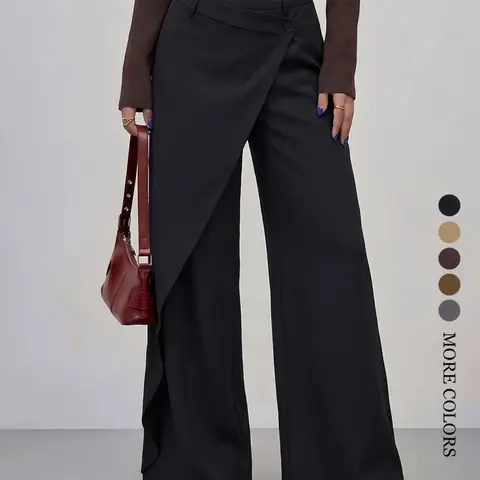 Women's Asymmetrical Design High-Waisted Wide-Leg Pants, Casual Style All-Season Bottoms, Perfect for Office & Daily Wear, Trendy Loose-fitting Pants