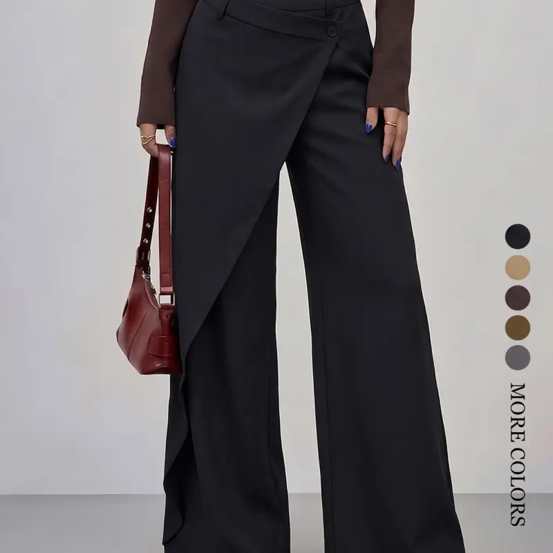 Women's Asymmetrical Design High-Waisted Wide-Leg Pants, Casual Style All-Season Bottoms, Perfect for Office & Daily Wear, Trendy Loose-fitting Pants