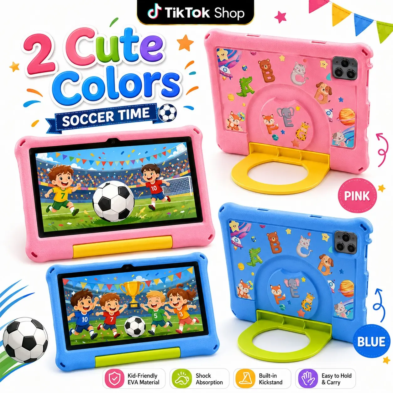 10.1 Inch Kids Tablet, 4GB RAM 64GB ROM, Android 12, Dual Camera, Kid-Proof Case with Handle, WiFi Learning Tablet for Toddlers, Holiday Gift