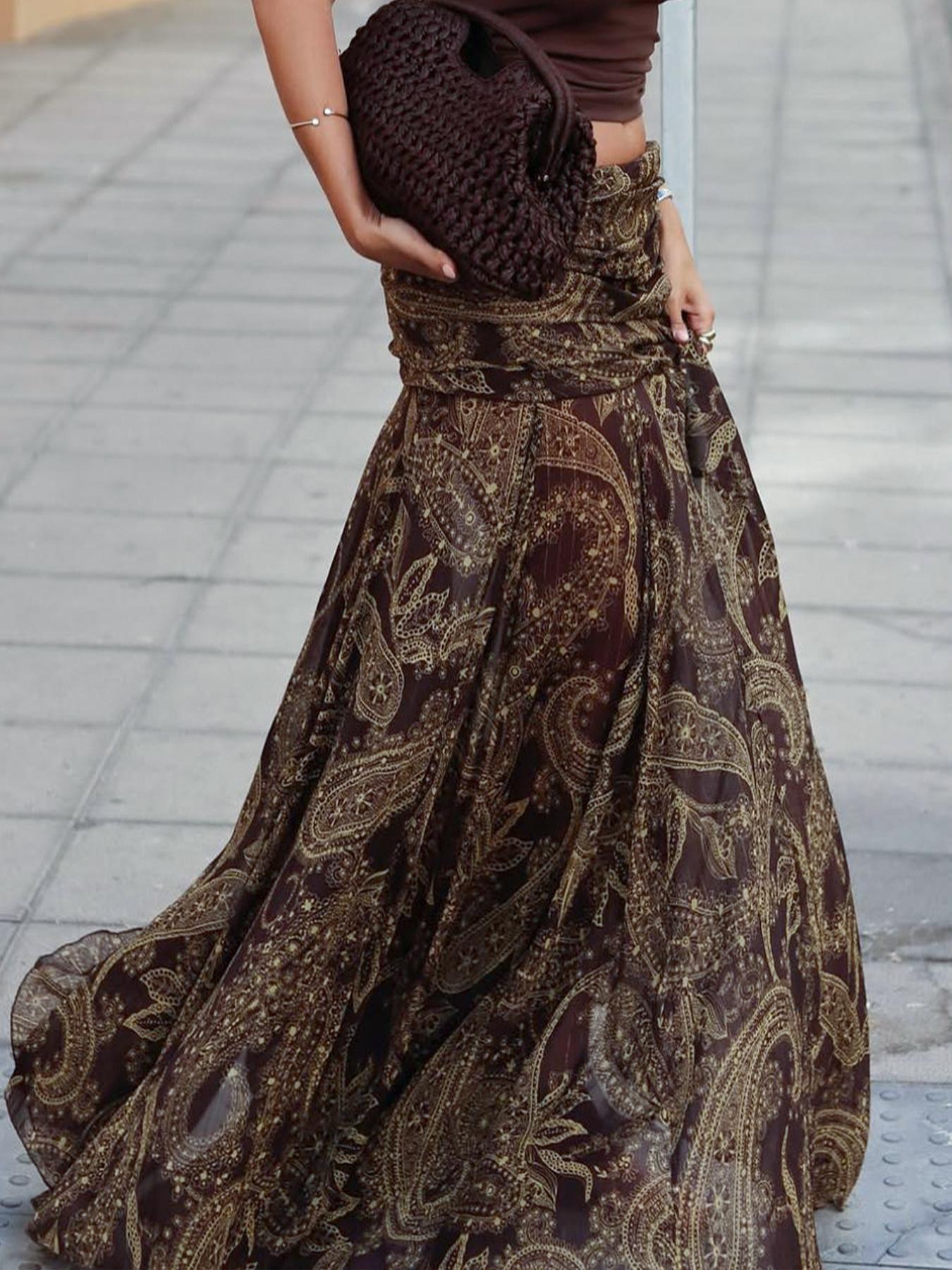 Vintage Mesh Print Fitted Long Maxi Skirt, Bohemian Vacation Style Half Skirt, Elegant Women's Fashion for Spring & Summer, Bottoms