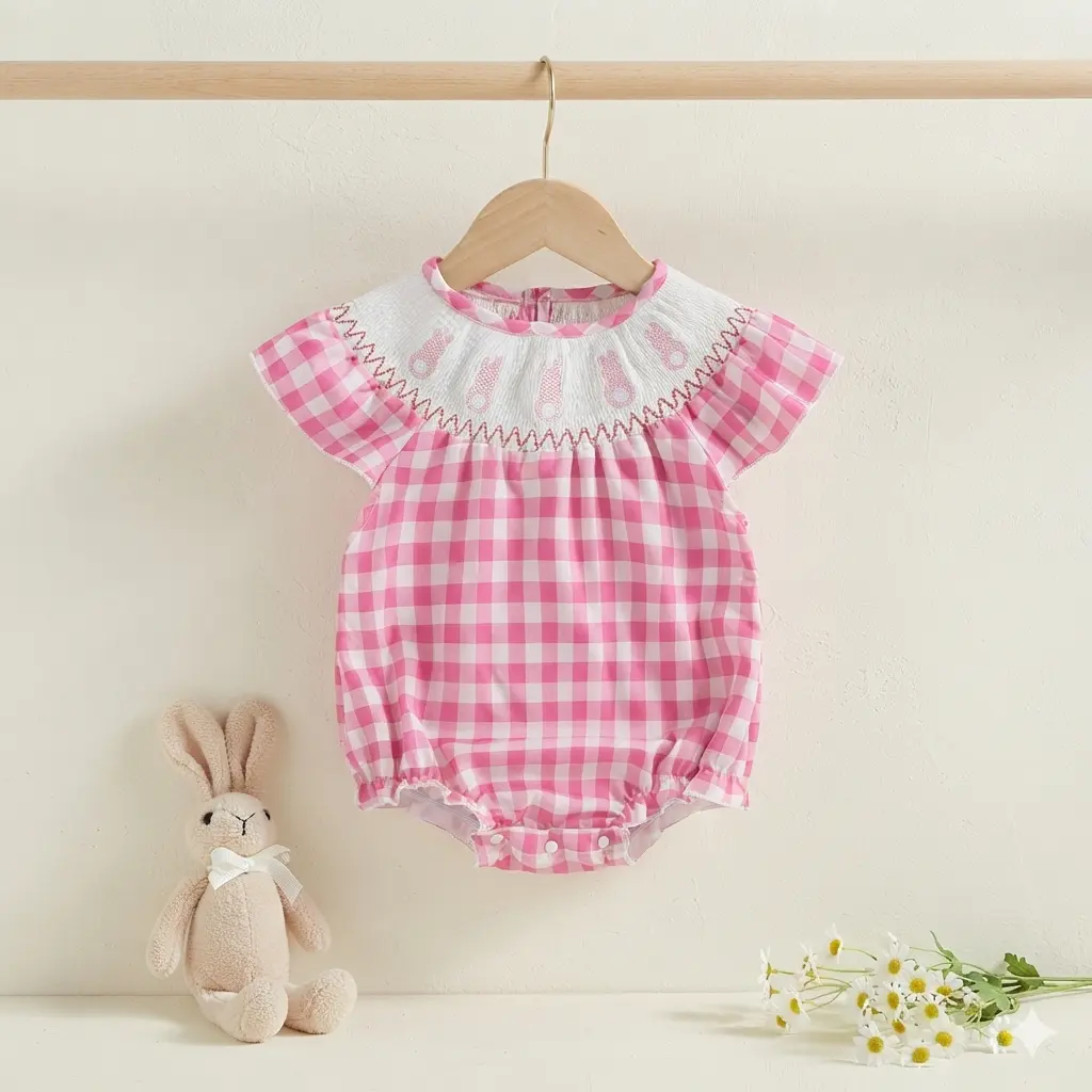 Baby Girl Casual Romper Summer Plaid Print Bunny Embroidery Summer Fly Sleeves Jumpsuit for Newborn Toddler Cute Clothes