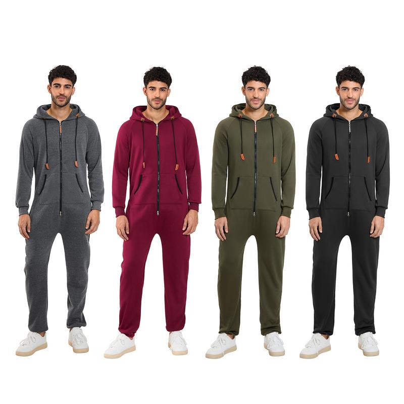 Men's Fleece-Lined Jumpsuit - Hooded Long Sleeve Full-Zip Overalls with Kangaroo Pockets| Winter Workwear, Thermal Coverall, Outdoor Work Suit, Heavy Duty Overalls, Cold Weather Gear Can be used with raincoat