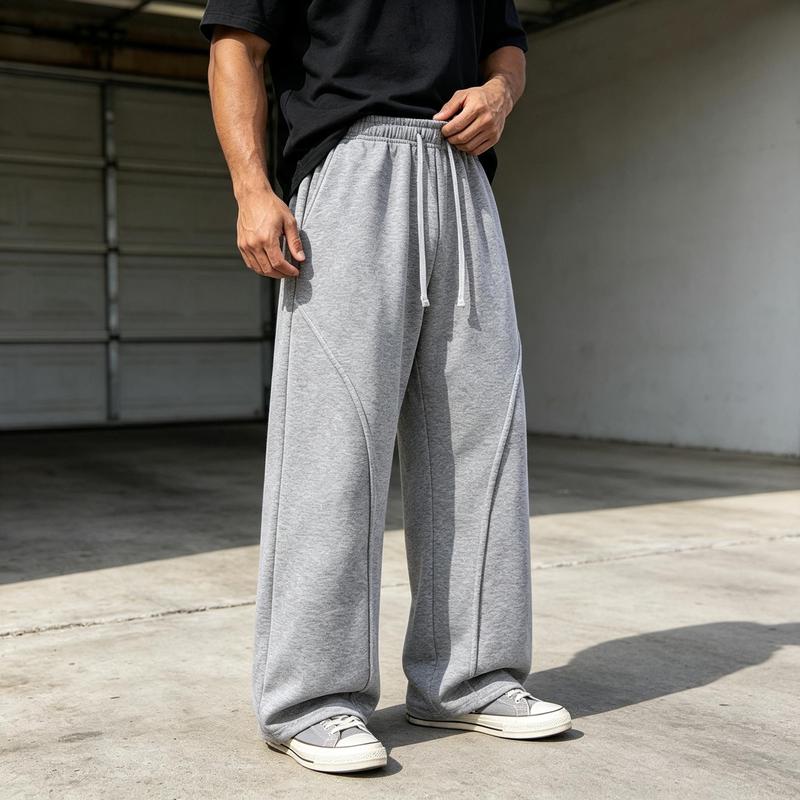 Men's Baggy Sweatpants - Urban Streetwear Male Clothing, Soft Polyester Blend Trousers with Curved Seams, Drawstring Elastic Waist, for Outdoor Wear & Universal Sport Outfits