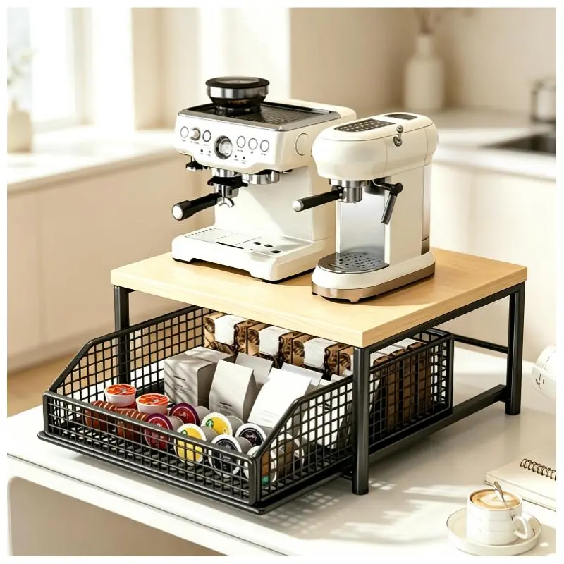 1PC 2 Tier Wood Metal Countertop Storage Organizer with Pull Out Basket Space Saving Coffee Maker Stand Microwave Rack for Kitchen Spices Cups Tableware