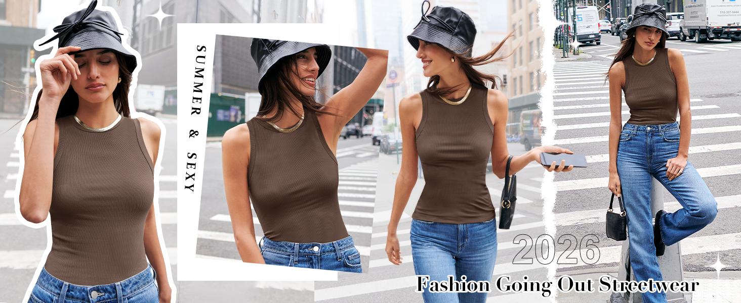Women's Sleeveless High-Neck Tank Top Fashionable Summer Casual Basic Slim Fit Ribbed Tank Top White-M Size in Women's Clothing Store