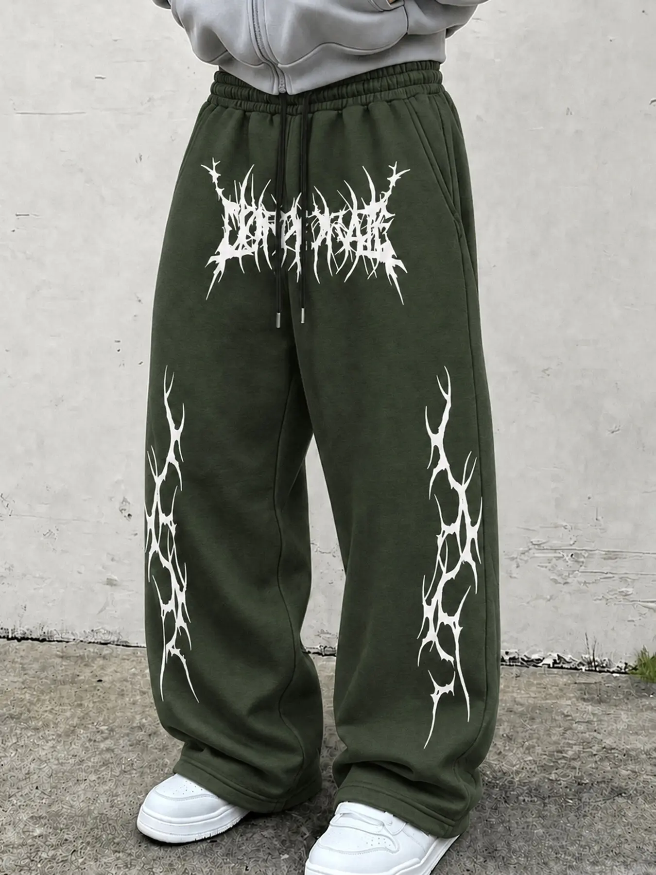Men's Gothic Graphic Baggy Sweatpants, Gray Wide Leg Drawstring Pants with Black Print, Loose Streetwear Trousers for Daily Wear and Hip Hop Style#MensSweatpants #GothicPants #GraphicPants #BaggyPants #WideLegPants #Streetwear #HipHopStyle#LooseFit