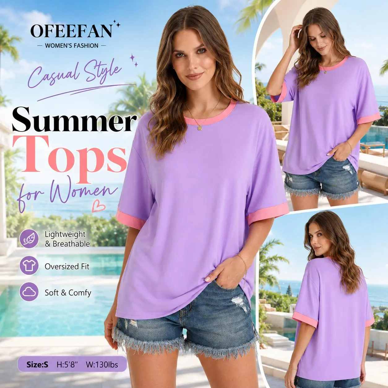 OFEEFAN Casual Summer Tops for Women Oversized Crew Neck Short Sleeve Shirts Loose Fit Tunic Blouses Fashion Trendy Womens Tops 2026