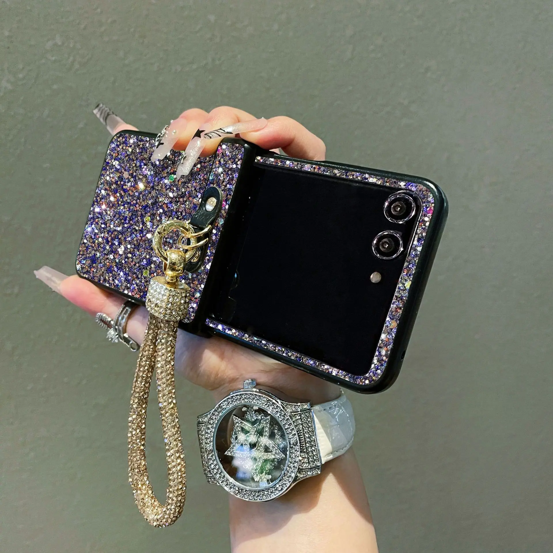 Compatible with Razr 70 Plus/Razr 60 Ultra/Razr 50 Ultra/Razr 50 | Colorful Glitter Rhinestone Lanyard Full Wrap Shockproof Flip Phone Case HNZ0551