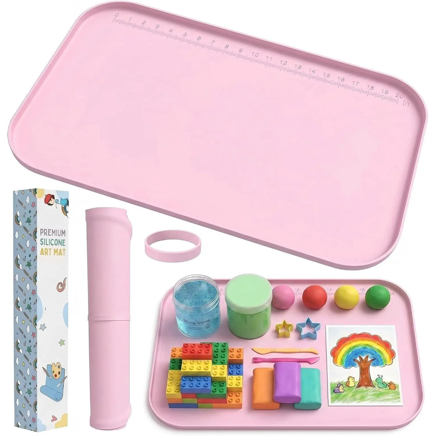 24"x16" Silicone Craft Mats with 0.7" Raised Edges, Large Leak-Proof Art Mat for Playdoh, Resin, Painting, Clay, Slime, Beads, Building Blocks, Puzzle, Non-Stick & Non-Slip Kids Placemats, PinkGift