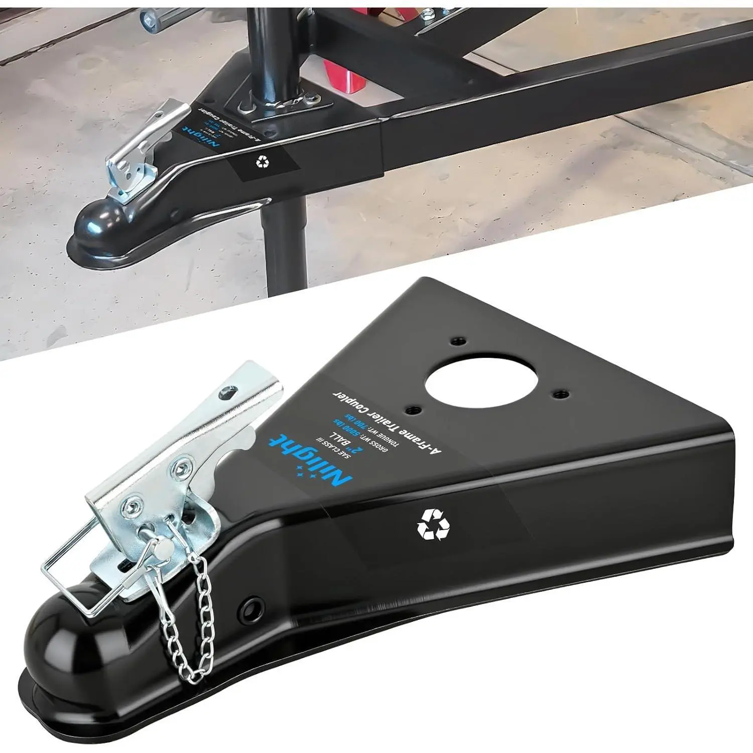 Nilight Steel Class III A-Frame Trailer Coupler, 5000LBS Capacity, 2-Inch Precise Fit Hitch Ball, Double Protection Security Latch & Chain, Powder Coated Weatherproof Black Finish, Easy Adjustment, for Pickup Trucks, RVs