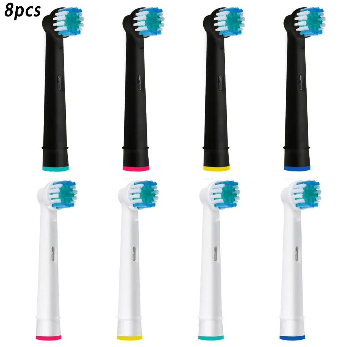 Pack of 8 black and white precision cleaning toothbrush heads, compatible with Oral-B electric toothbrushes, for deep cleaning, plaque removal, and whitening