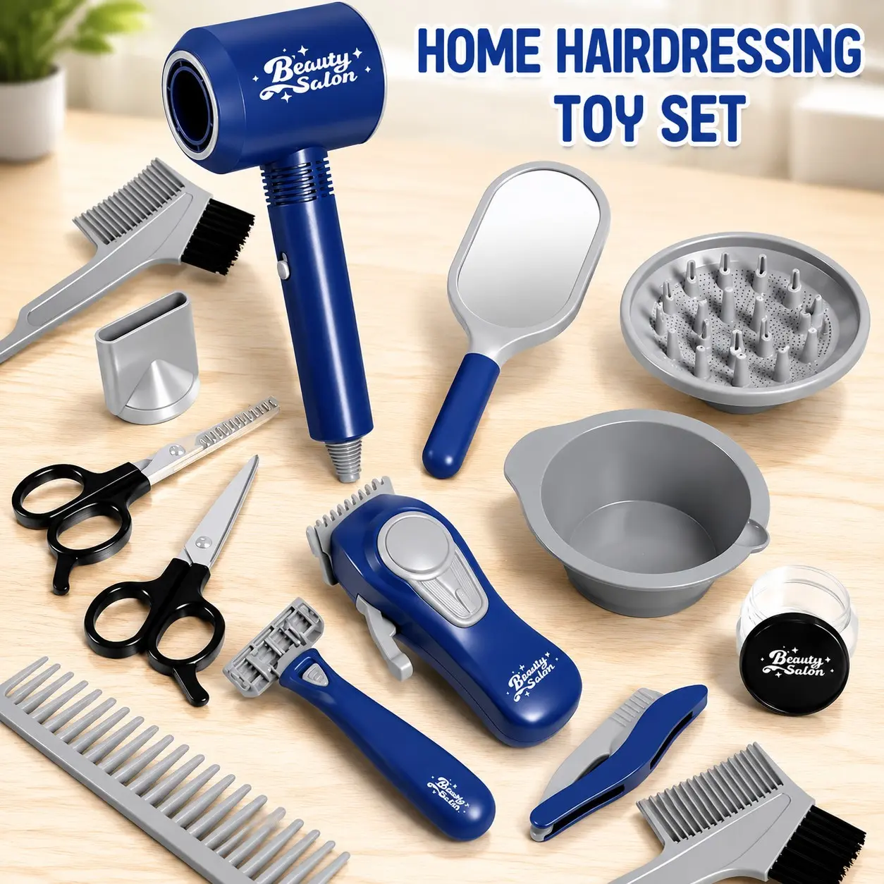 14-Piece Hair Salon Toy Set, Non-Electric Haircut Tools, Realistic Blow Dryer, Manual Clippers, Sparse Scissors, Mirror, Role-Playing Gift