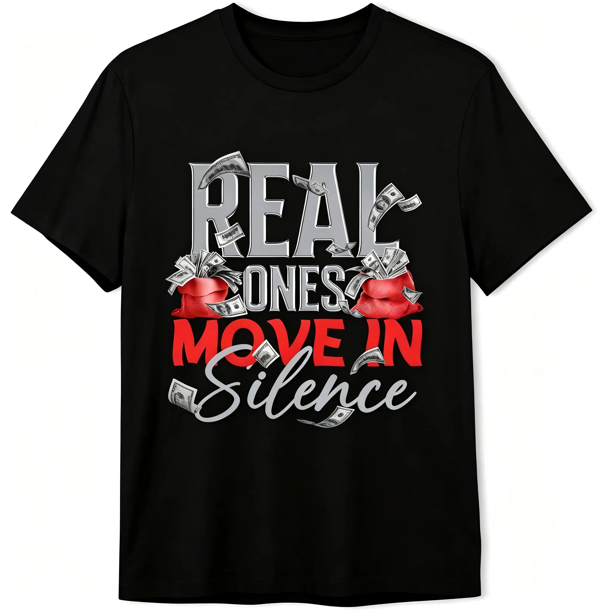 "Real Ones Move In Silence" Money Bag Cash Graphic T-Shirt for Men & Women - Hustle Motivational Hip Hop Design, Soft Breathable Cotton Crew Neck Short Sleeve, All-Season Summer Spring Casual Tee, Great Everyday Wear & Gift, Machine Washable