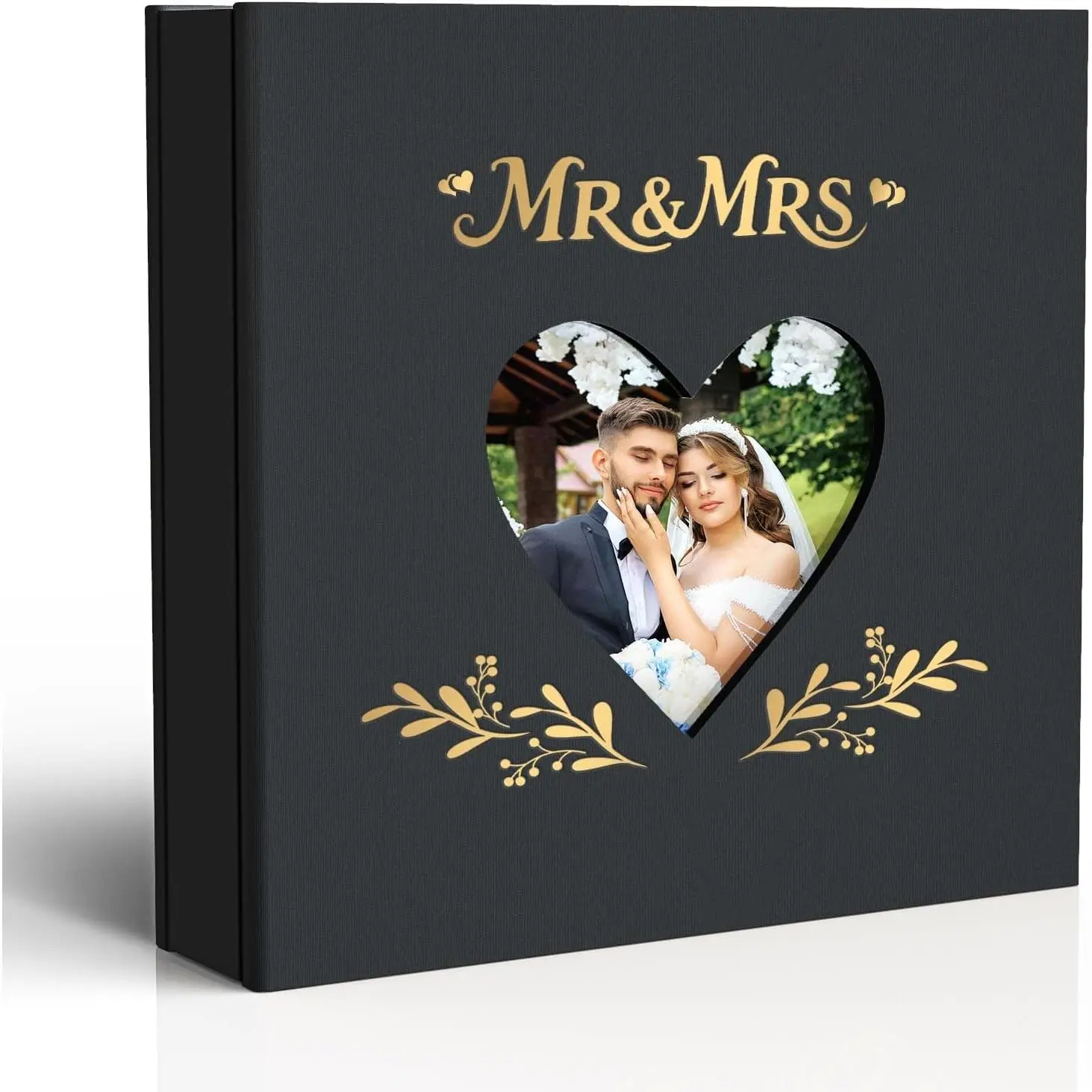 Wedding Photo Album 4x6 with 400 Pockets, Custom Engraved Linen Memory Book for Engagement, Bridal Shower & Keepsake Gift, Black Linen Cover with Gold Embossing and Heart Cut-Out, Custom Photo InsertGift