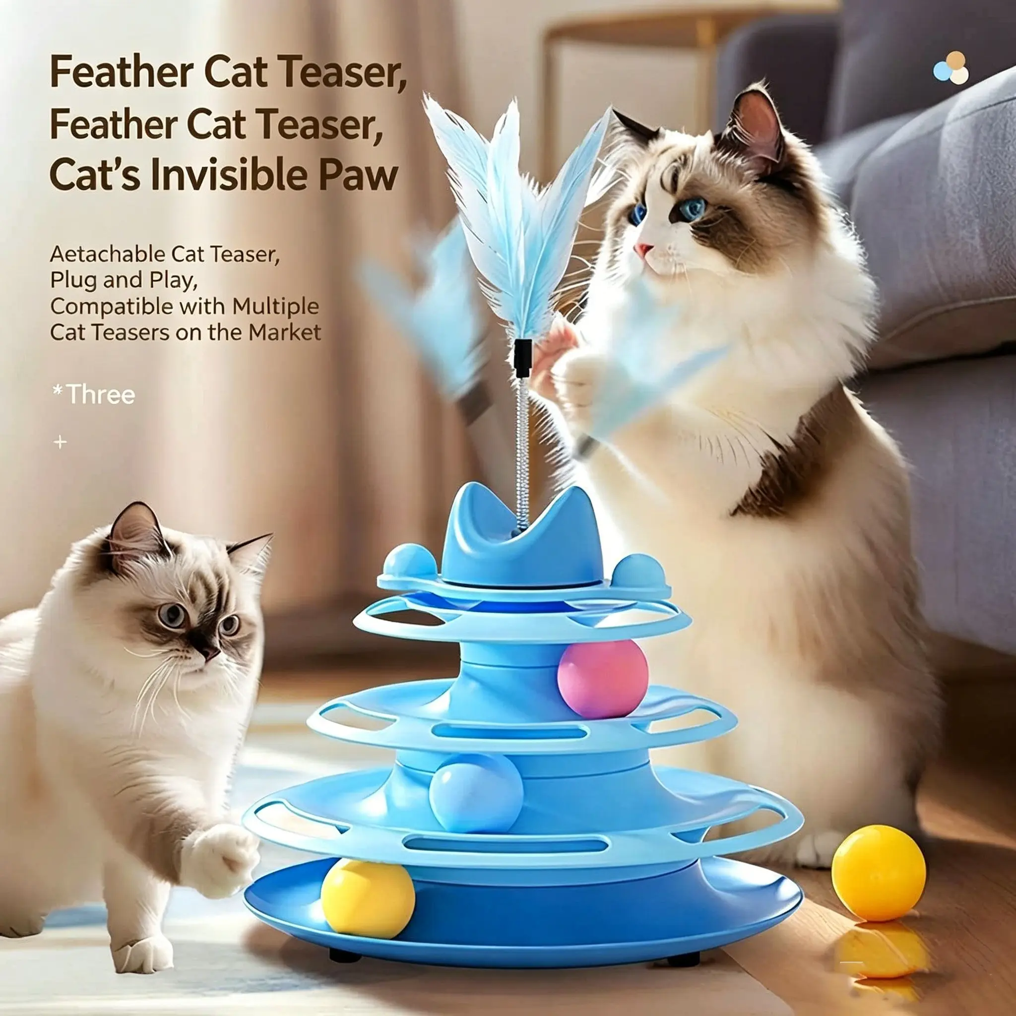Cat Spinner Toy Self-Entertainment, Feather Cat Wand, Interactive Puzzle Ball, Fun Pet Toy for Kittens, Engaging Plaything for Cats