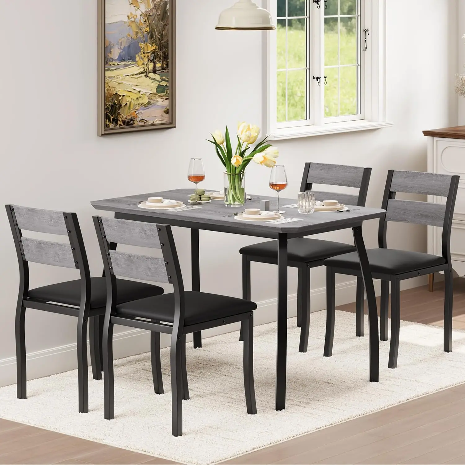 4-Seater Dining Room Table Set, Chamfered Edge Kitchen Table with Sturdy Metal Legs, Includes Padded Upholstered Bench & 2 Traditional Dining Chairs, Complete 4-Piece Kitchen Dining Furniture Suite