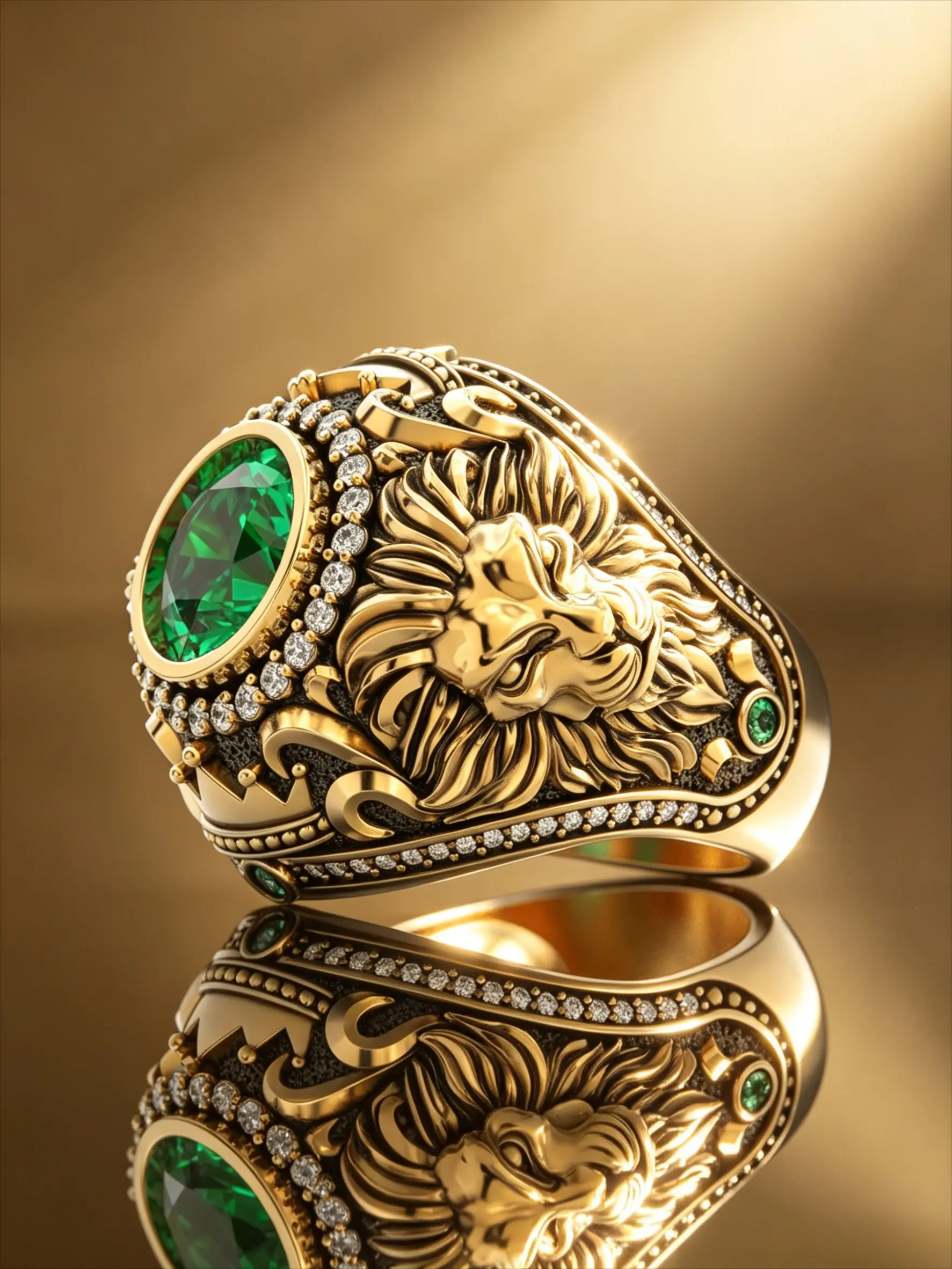 Two Tone Embossed Lion Crown Ring Round Colored Cubic Zirconia Halo Band Vintage Scroll Carved Wide Finger Ornament Luxury Statement Accessory For Wedding Banquet Club Travel Daily Date Birthday Anniversary Holiday Gift For Men