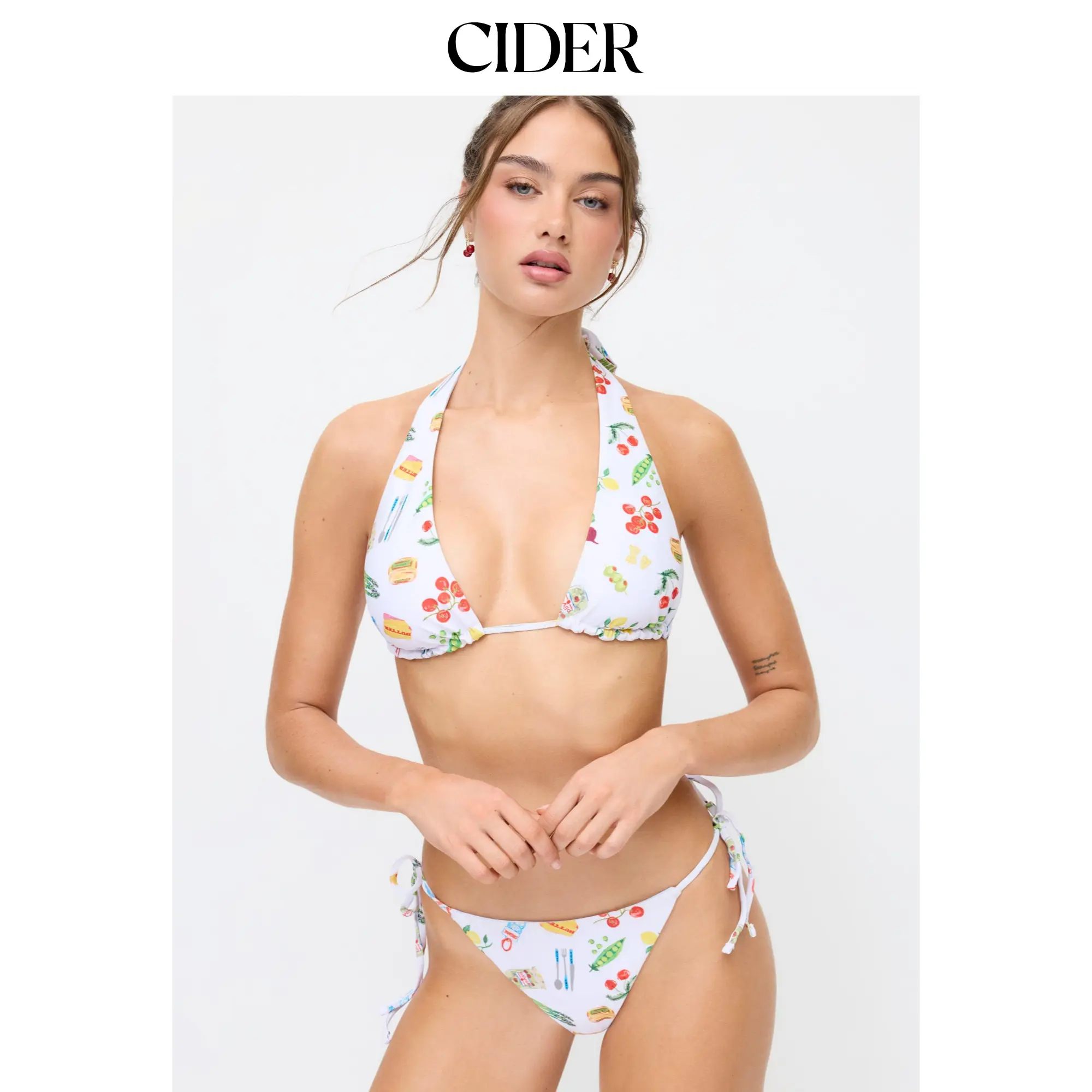 Cider Reversible Fruit & Gingham Halter Tie Side Bikini Set