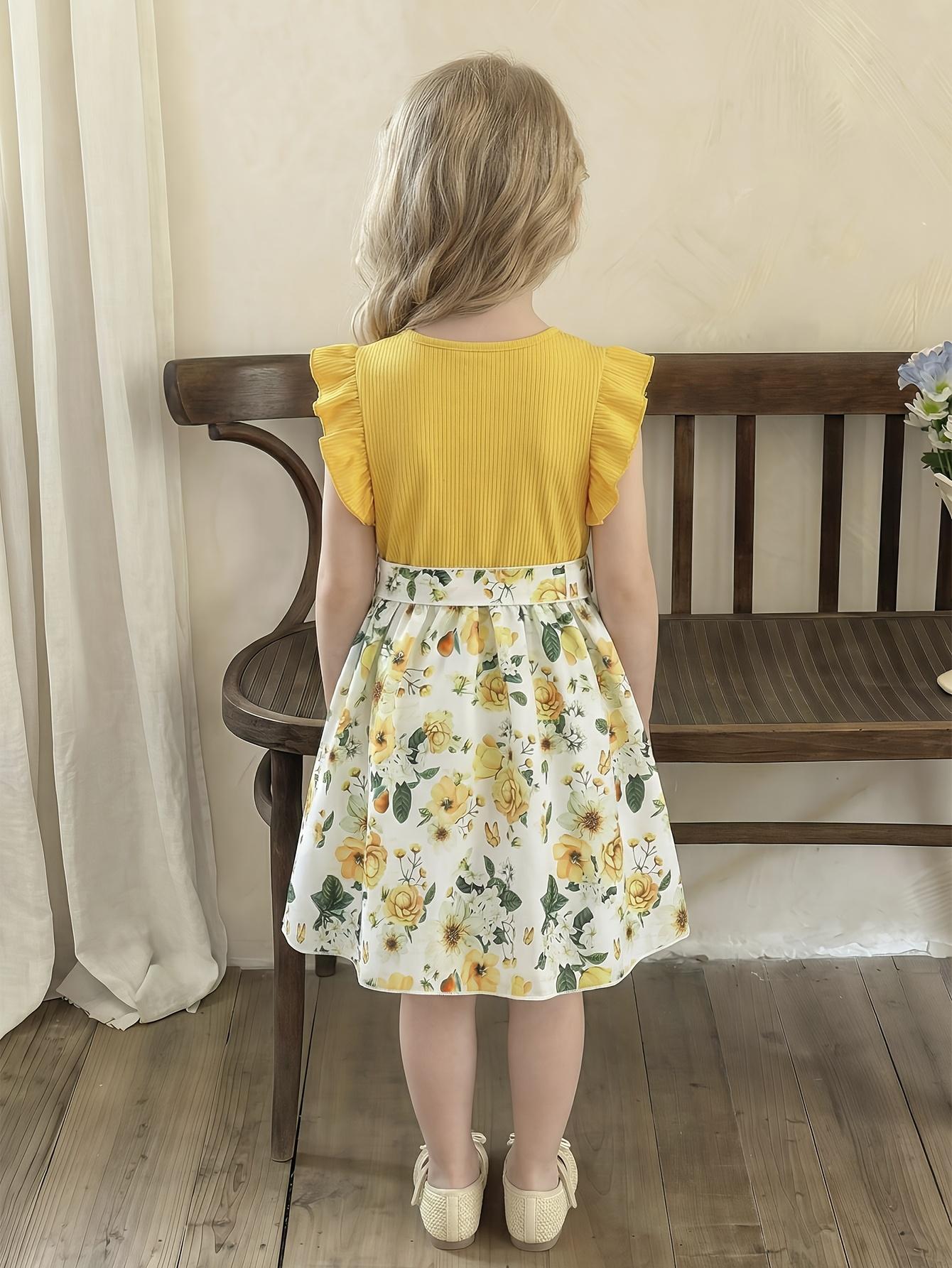 Girls' Patchwork Yellow Romantic Floral Print Dress with Belt, Elegant Princess Skirt Party and Evening Wear, Soft, Suitable