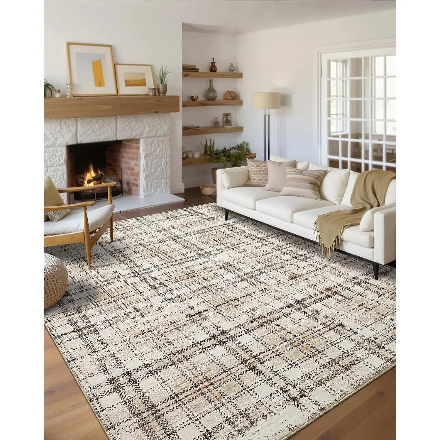 Garvee Modern Plaid Washable Rug 9x12 Rug for Living Room Soft Large Area Rug for Bedroom Tartan Non Shedding Non Slip Throw Rugs Stain Resistant Carpet for Dining Room Nursery 9'x12' Beige