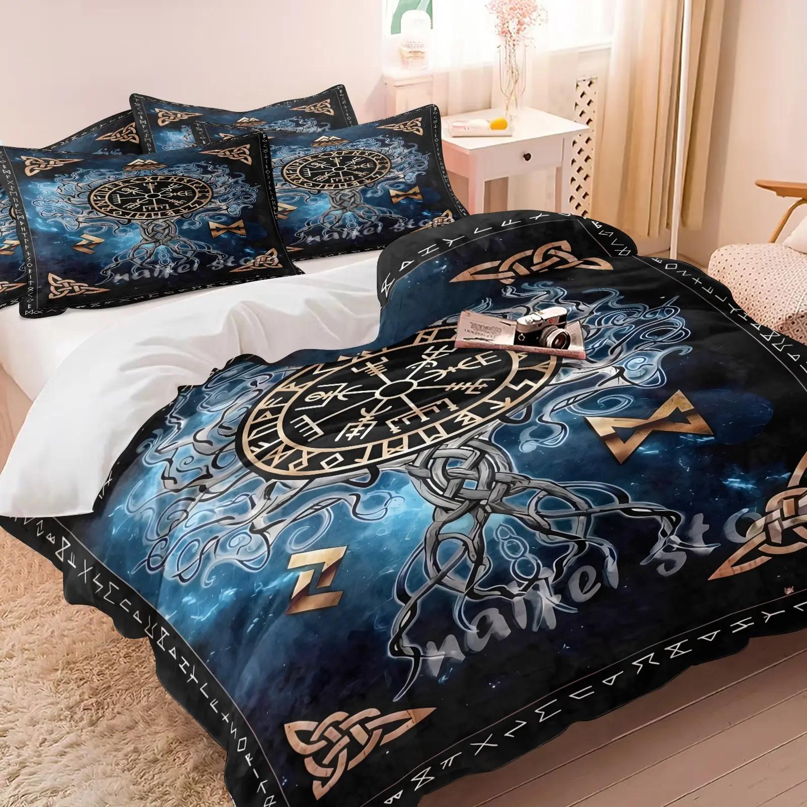 3PCS Norse Mythology Yggdrasil Rune Duvet Cover Set (1 Duvet Cover + 1-2 Pillowcases), Viking Compass Celtic Knot Dark Fantasy HD Digital Print Pattern, Soft Cozy Skin-Friendly All Seasons Bedding, Ideal Viking Lover Teen Dorm Decor Gift